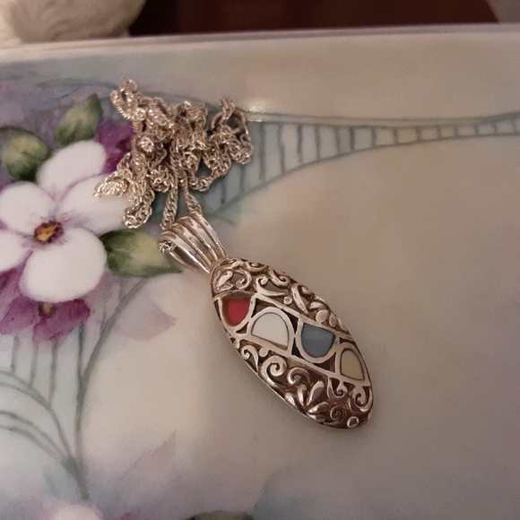 Jewelry - VINTAGE 925 STERLING MULTI-STONE SLIDE WITH 925 18" STERLING TWISTED ROPE CHAIN